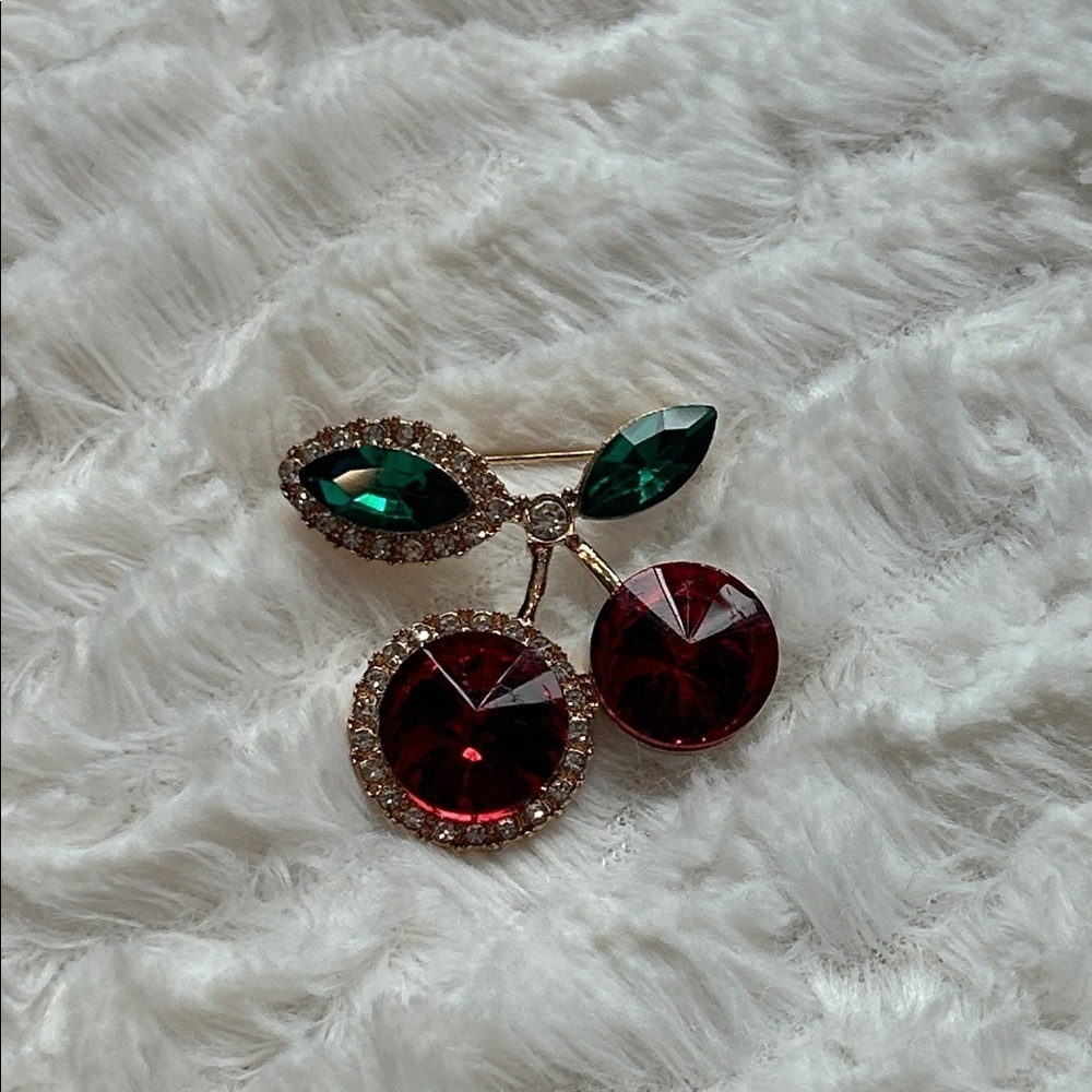 Double Cherry Brooch Red and Green Crystals costume jewelry 1.5” nwot